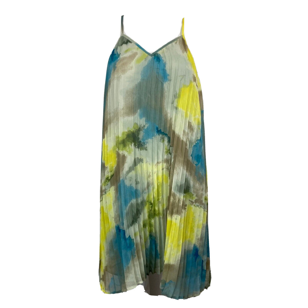NWT Bar III‎ Dress Womens Sz XS Green Blue Watercolor Pleated V-Neck Slip